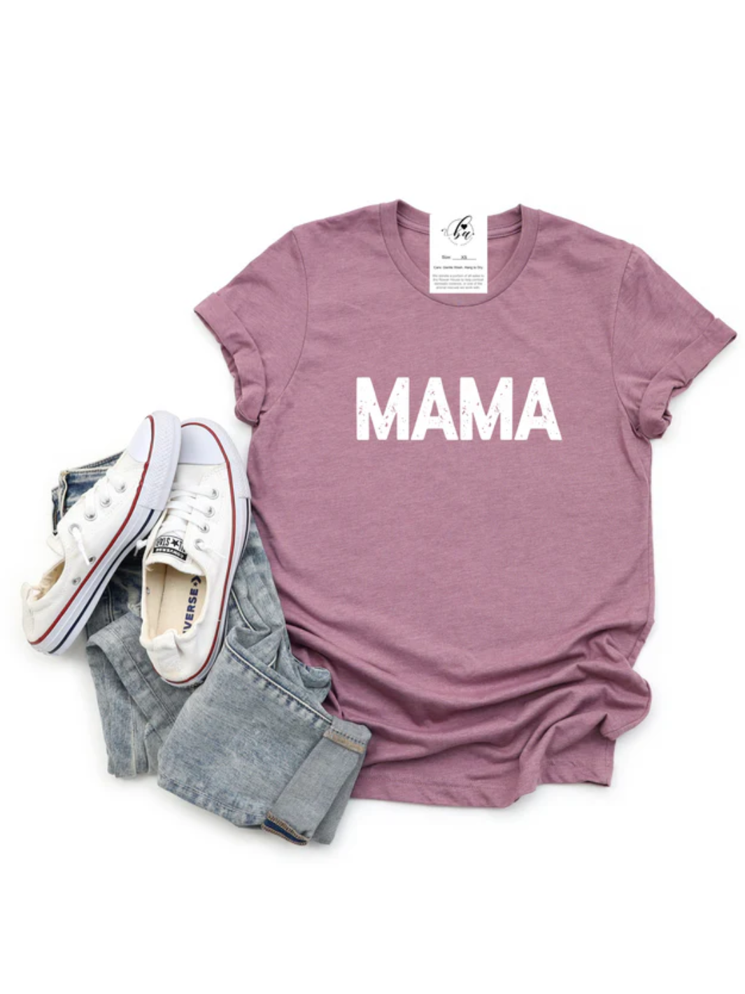 Distressed Mama Tee | Heather Orchid & White Font