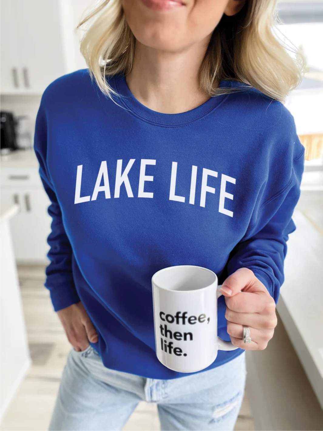 Lake Mode Cozy Crew Neck Sweater | Royal Blue & White Font